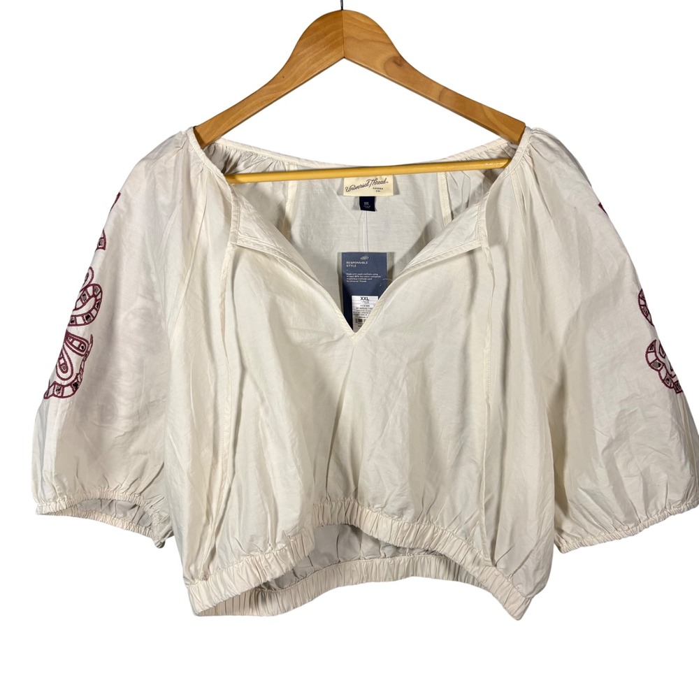 Universal Thread Womens‎ XXL Cream Embroidered Puff Sleeve Crop Blouse Boho Top